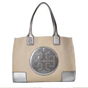 Tory Burch Canvas Silver Leather Ella Small Tote